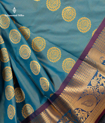 Beautiful Pastel Blue Zari Butta Semi Silk Saree With Contrast Magenta Traditional Border
