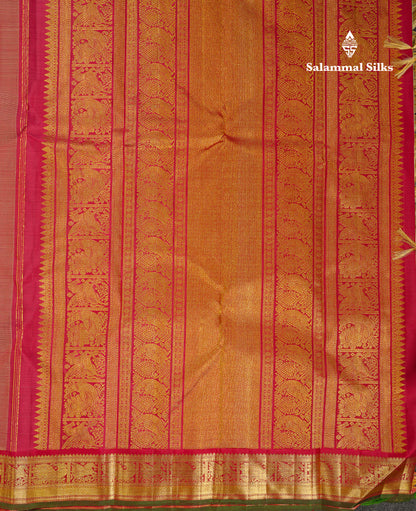 Beautiful Korvai Yellow Checks With Butta Pure Kanjivaram Silk Saree With Contrast Reddish Maroon Traditional Border