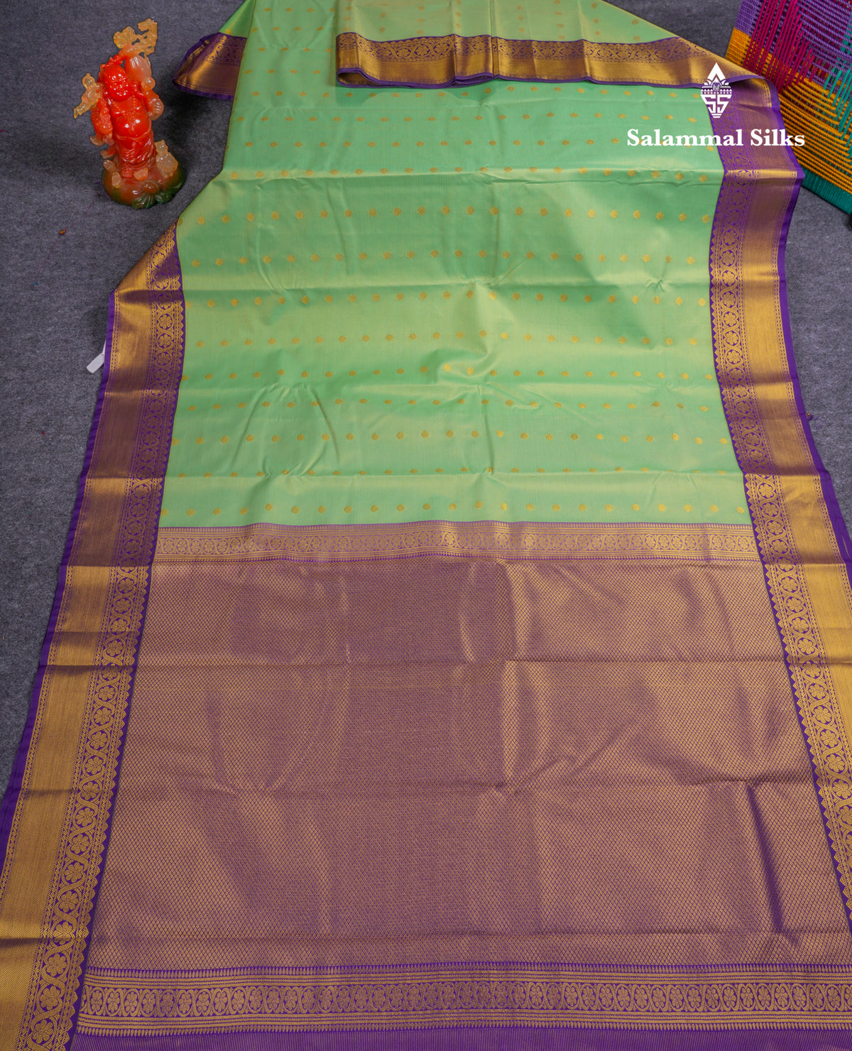 Beautiful Rexona Green Vaira Oosi Lines Semi Silk Saree With Contrast Violet Border