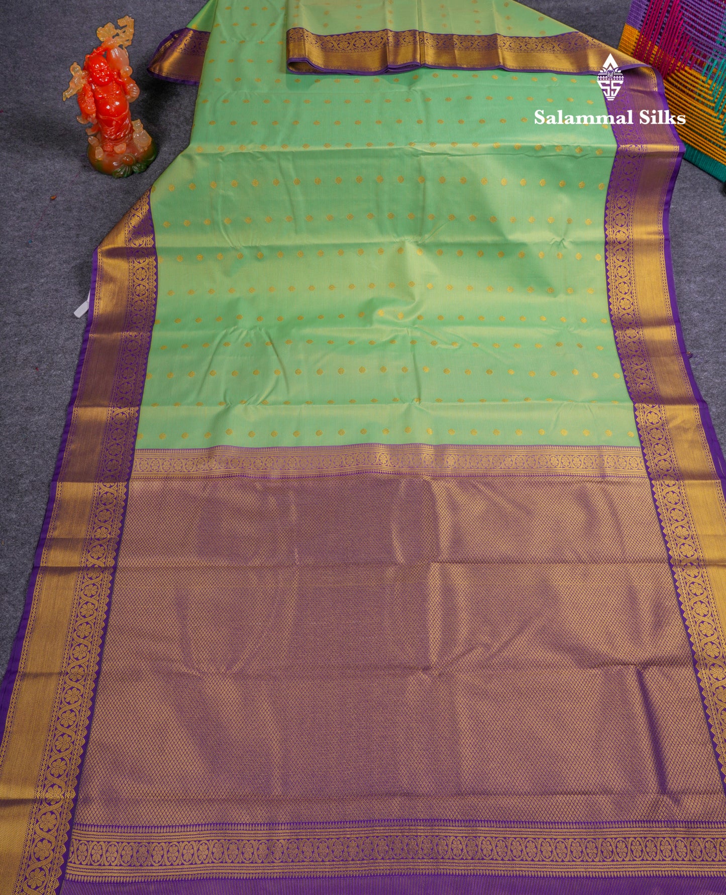 Beautiful Rexona Green Vaira Oosi Lines Semi Silk Saree With Contrast Violet Border