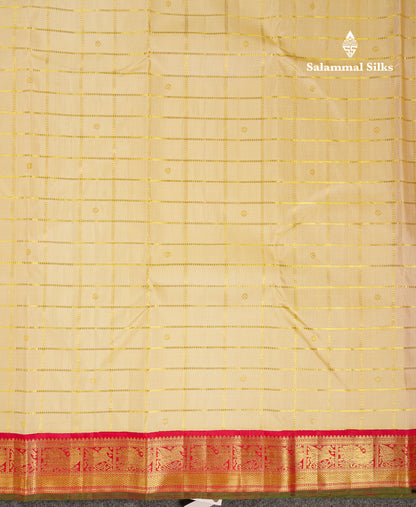 Beautiful Korvai Yellow Checks With Butta Pure Kanjivaram Silk Saree With Contrast Reddish Maroon Traditional Border