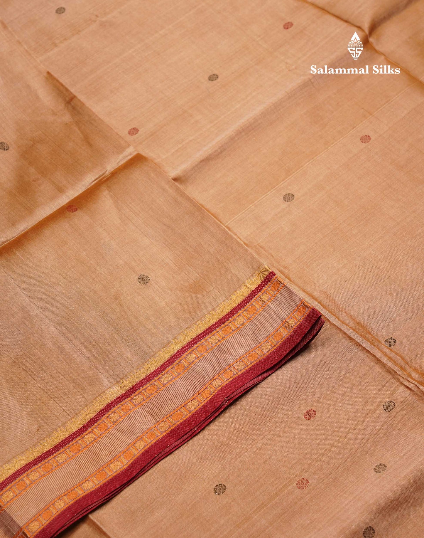 Beautiful Sandal Thread Butta Pure Silk Cotton Saree With Contrast Maroon Traditional Border