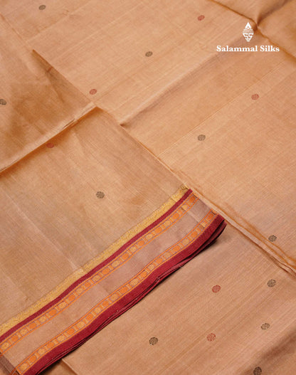 Beautiful Sandal Thread Butta Pure Silk Cotton Saree With Contrast Maroon Traditional Border