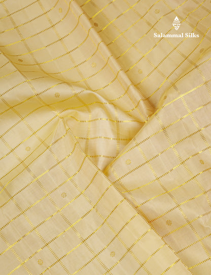 Beautiful Korvai Yellow Checks With Butta Pure Kanjivaram Silk Saree With Contrast Reddish Maroon Traditional Border