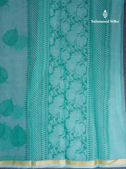 Sapphire Green Kota Cotton Saree With Small Ribbon Border