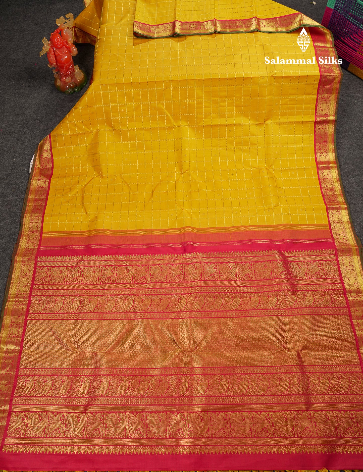 Beautiful Korvai Yellow Checks With Butta Pure Kanjivaram Silk Saree With Contrast Reddish Maroon Traditional Border