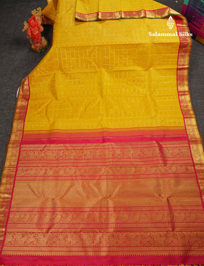 Beautiful Korvai Yellow Checks With Butta Pure Kanjivaram Silk Saree With Contrast Reddish Maroon Traditional Border