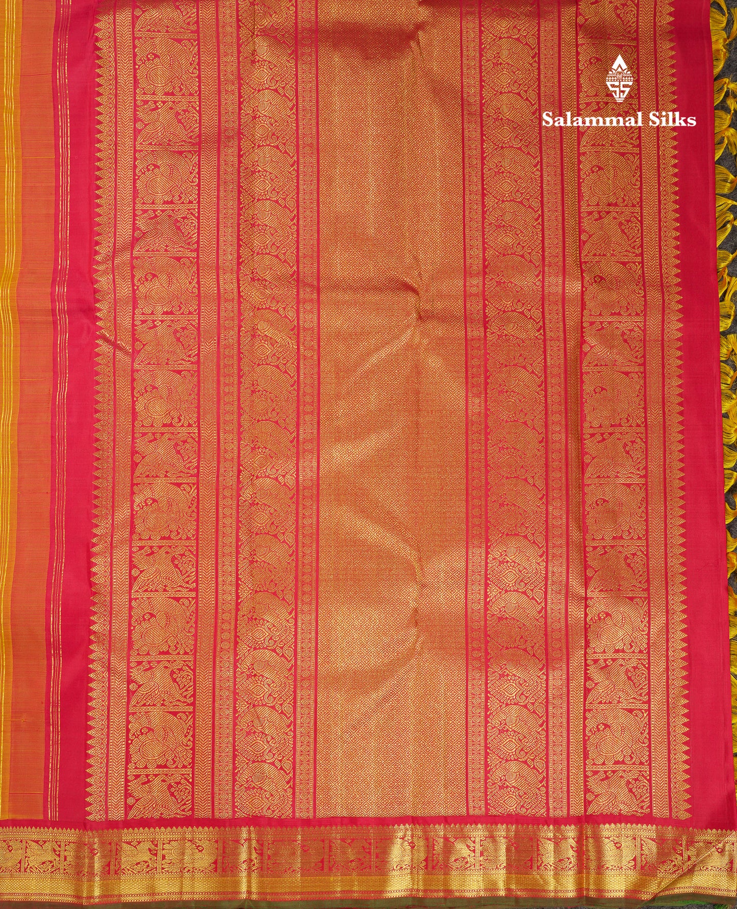 Beautiful Korvai Yellow Checks With Butta Pure Kanjivaram Silk Saree With Contrast Reddish Maroon Traditional Border