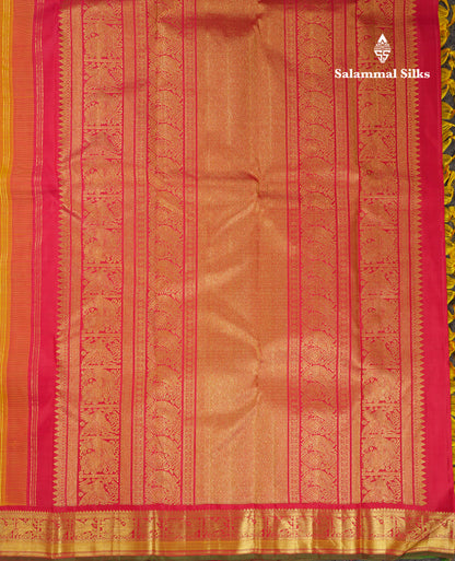 Beautiful Korvai Yellow Checks With Butta Pure Kanjivaram Silk Saree With Contrast Reddish Maroon Traditional Border