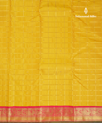 Beautiful Korvai Yellow Checks With Butta Pure Kanjivaram Silk Saree With Contrast Reddish Maroon Traditional Border
