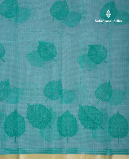 Sapphire Green Kota Cotton Saree With Small Ribbon Border