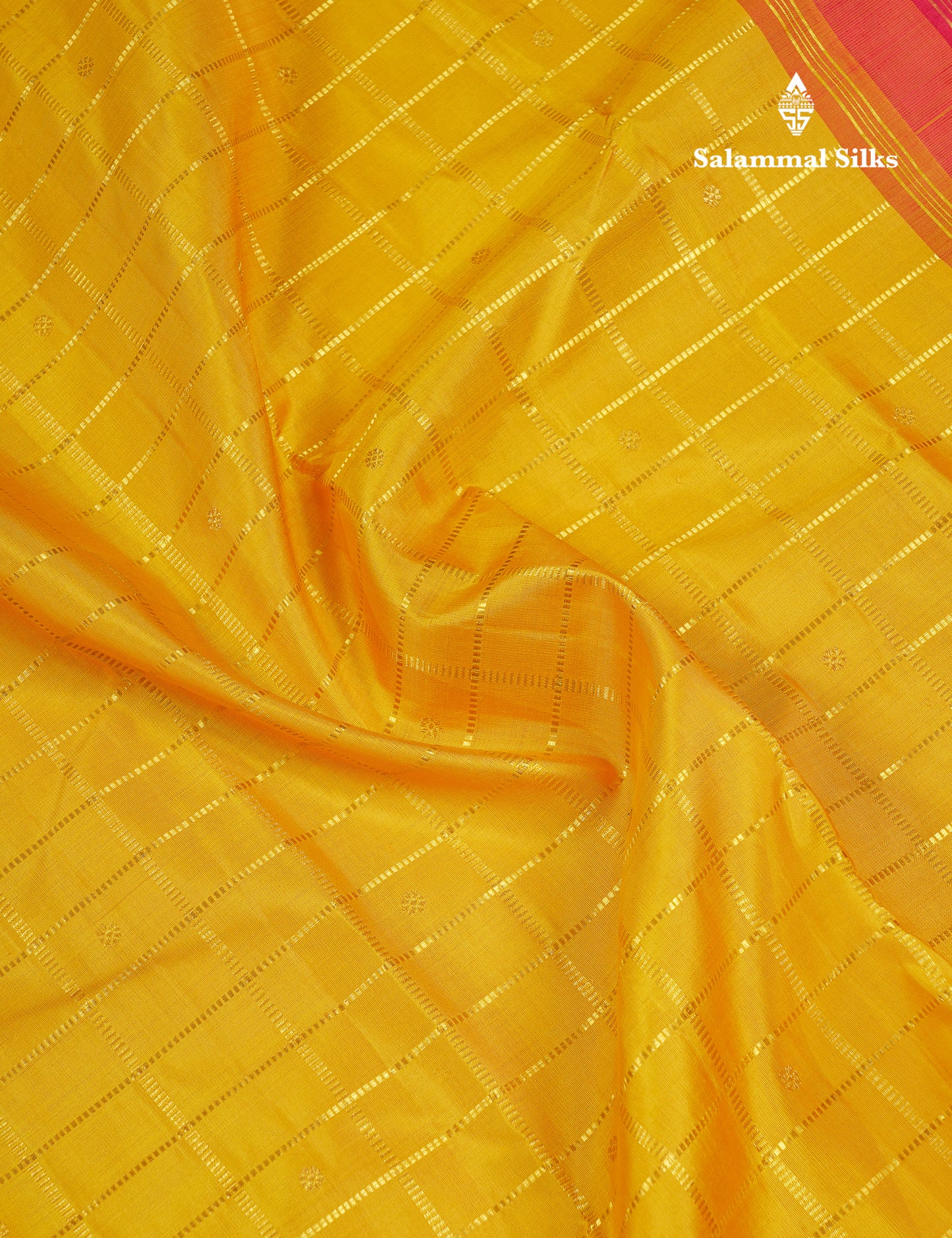 Beautiful Korvai Yellow Checks With Butta Pure Kanjivaram Silk Saree With Contrast Reddish Maroon Traditional Border