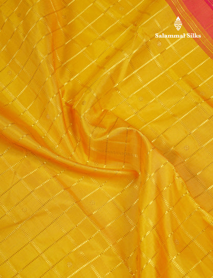 Beautiful Korvai Yellow Checks With Butta Pure Kanjivaram Silk Saree With Contrast Reddish Maroon Traditional Border