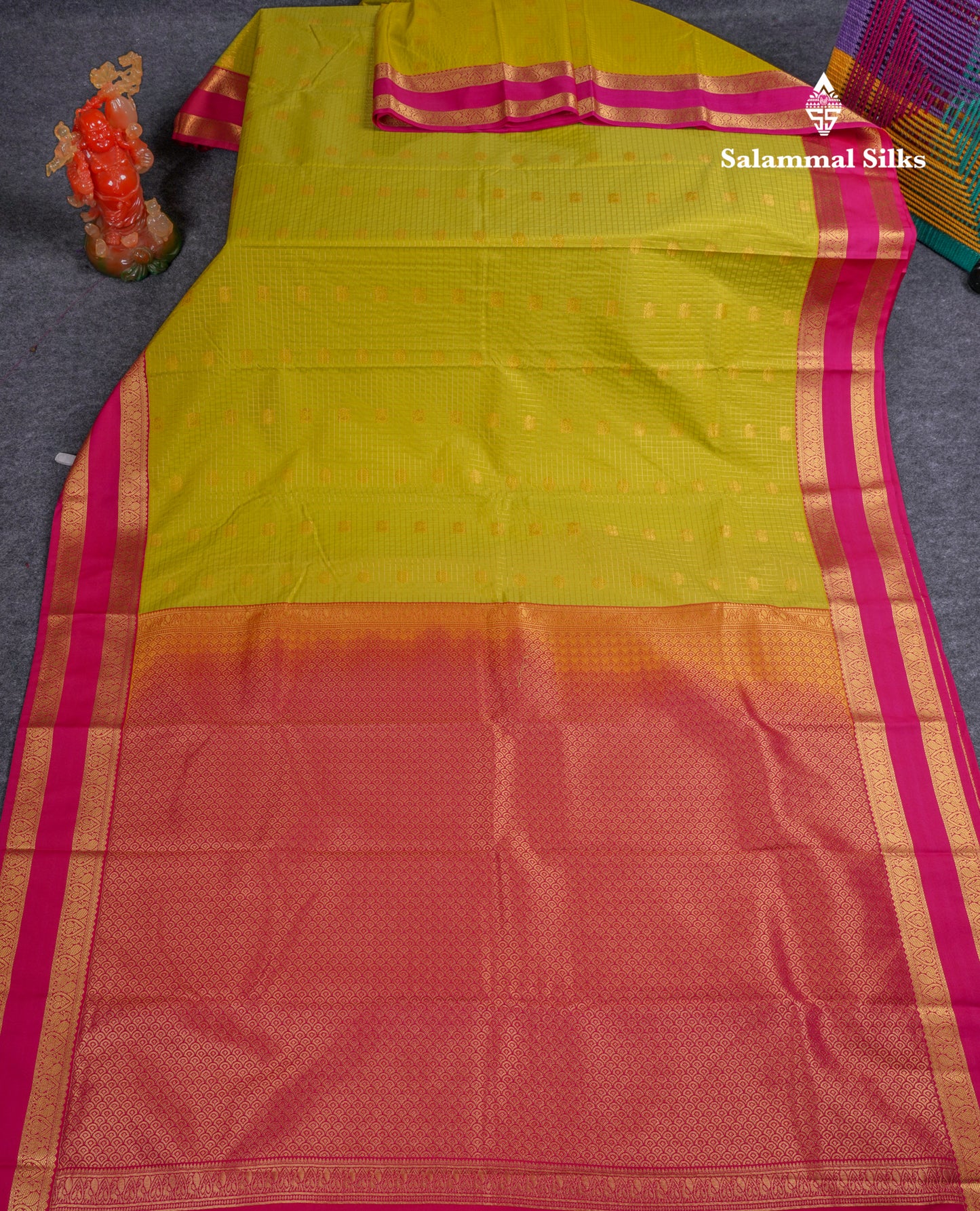 Beautiful Manthulir Yellow Zari Small Checks Semi Silk Saree With Contrast Pink Traditional Rettapet Border