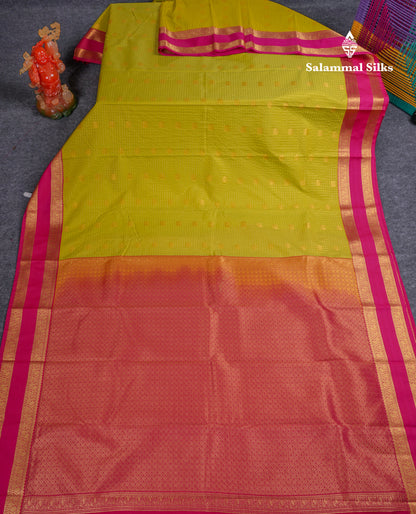 Beautiful Manthulir Yellow Zari Small Checks Semi Silk Saree With Contrast Pink Traditional Rettapet Border