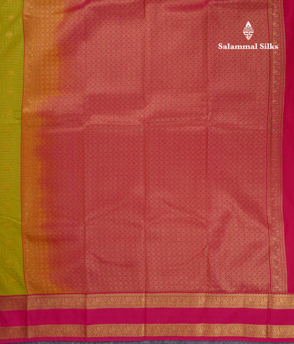 Beautiful Manthulir Yellow Zari Small Checks Semi Silk Saree With Contrast Pink Traditional Rettapet Border