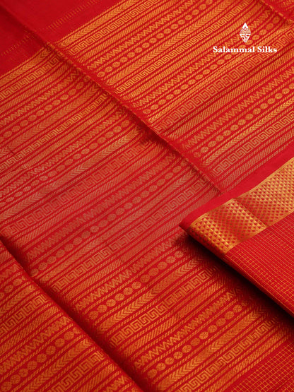 Beautiful Dual Tone Red Small Zari Checks Pure Silk Cotton Saree With Traditional Border