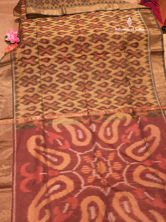 Premium Sandal Colour Pochampalli Cotton Saree With Gold Zari Border