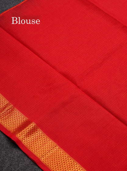 Beautiful Dual Tone Red Small Zari Checks Pure Silk Cotton Saree With Traditional Border