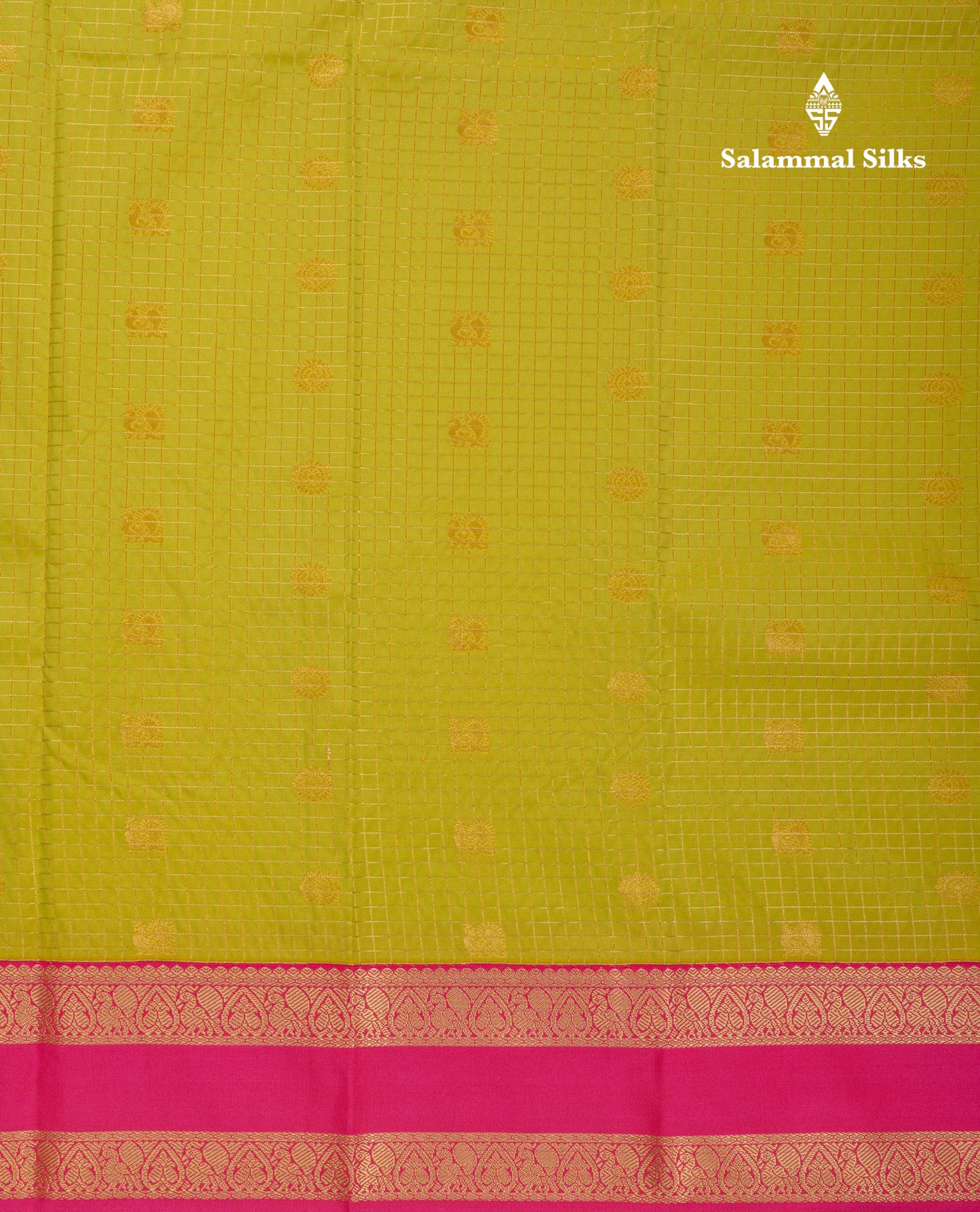 Beautiful Manthulir Yellow Zari Small Checks Semi Silk Saree With Contrast Pink Traditional Rettapet Border