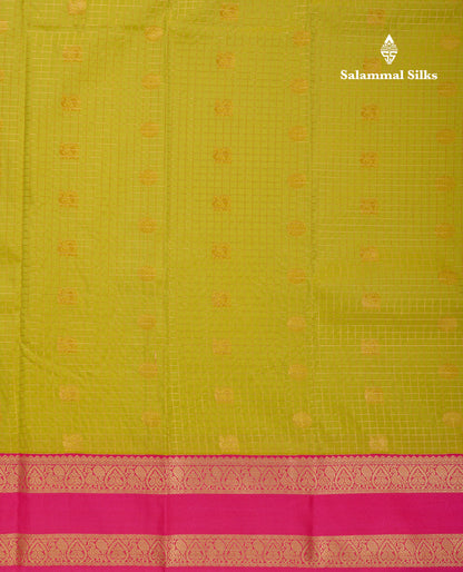 Beautiful Manthulir Yellow Zari Small Checks Semi Silk Saree With Contrast Pink Traditional Rettapet Border