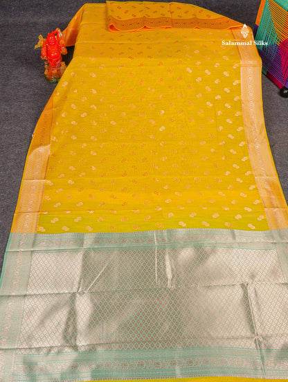 Cotton Mix Saree - Yellow Colour Body Thread Butta With Fancy Border 