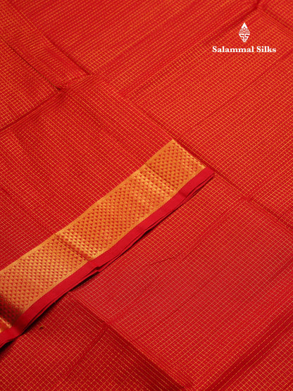 Beautiful Dual Tone Red Small Zari Checks Pure Silk Cotton Saree With Traditional Border