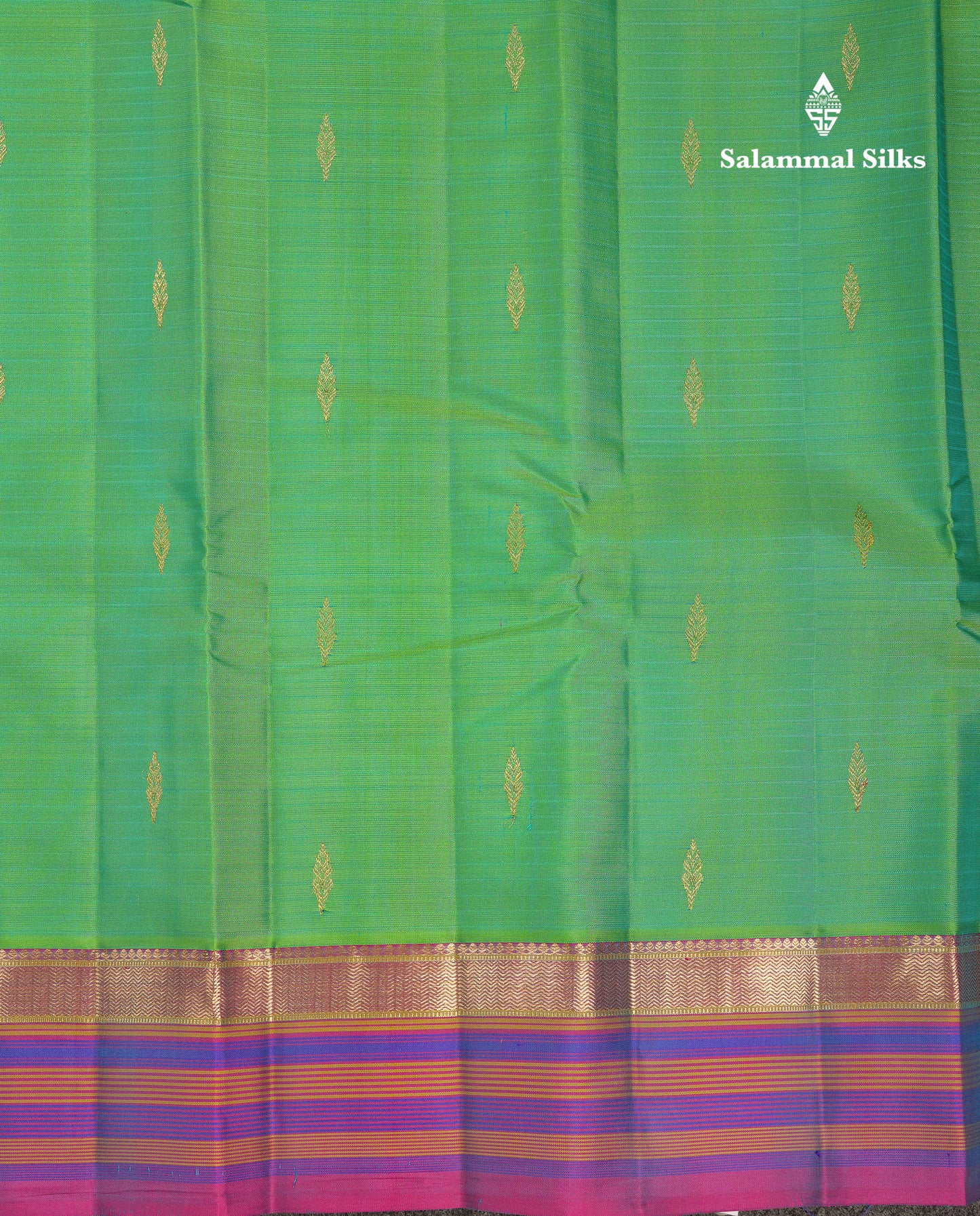 Beautiful Dual Tone Saffire Green Pure Kanjivaram Silk Saree With Contrast Purple Traditional Border