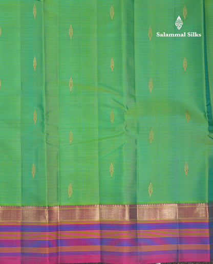 Beautiful Dual Tone Saffire Green Pure Kanjivaram Silk Saree With Contrast Purple Traditional Border