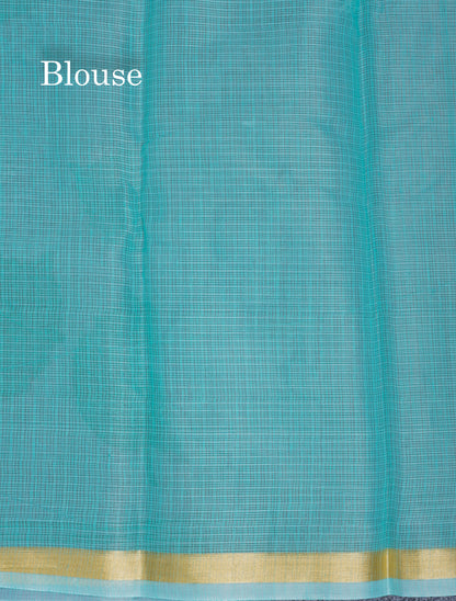 Sapphire Green Kota Cotton Saree With Small Ribbon Border