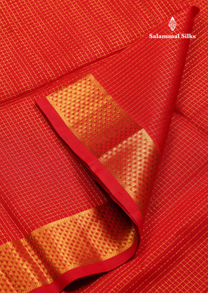 Beautiful Dual Tone Red Small Zari Checks Pure Silk Cotton Saree With Traditional Border