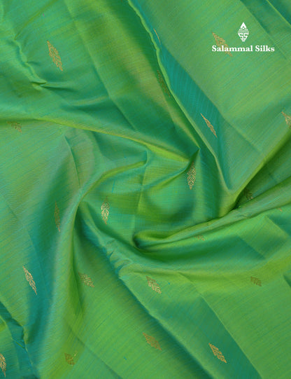 Beautiful Dual Tone Saffire Green Pure Kanjivaram Silk Saree With Contrast Purple Traditional Border