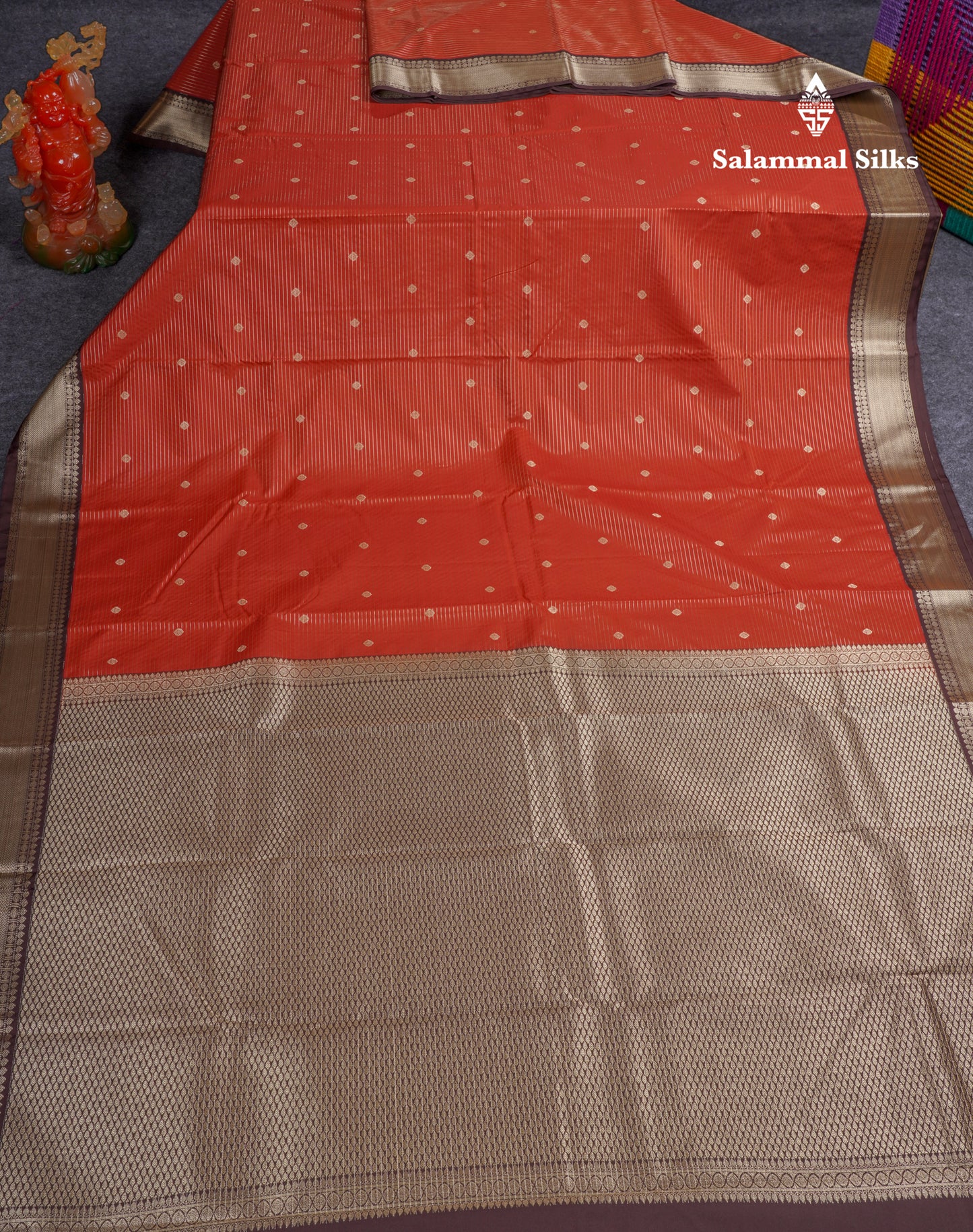 Beautiful Rust Orange Semi Silk Saree With Contrast Dark Brown Traditional Medium Border
