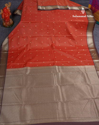 Beautiful Rust Orange Semi Silk Saree With Contrast Dark Brown Traditional Medium Border