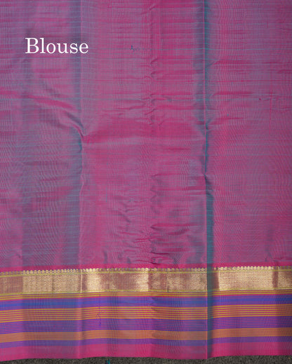 Beautiful Dual Tone Saffire Green Pure Kanjivaram Silk Saree With Contrast Purple Traditional Border