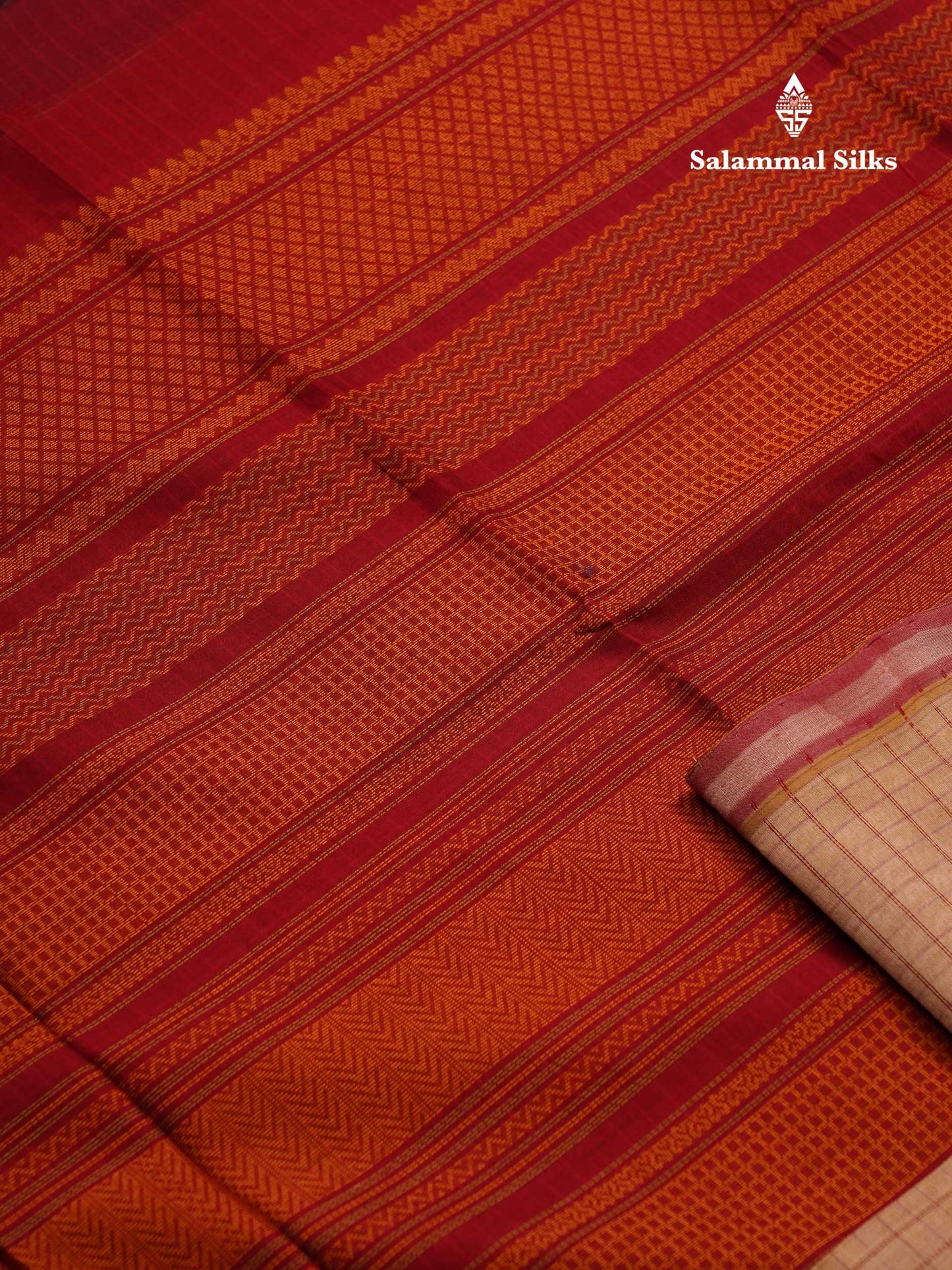 Beautiful Sandal Small Checks Pure Silk Cotton Saree With Contrast Maroon Blouse