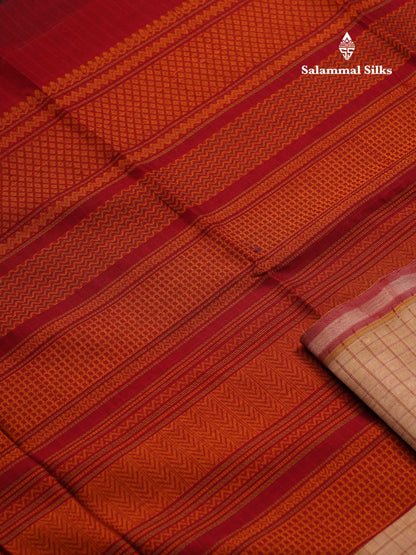 Beautiful Sandal Small Checks Pure Silk Cotton Saree With Contrast Maroon Blouse