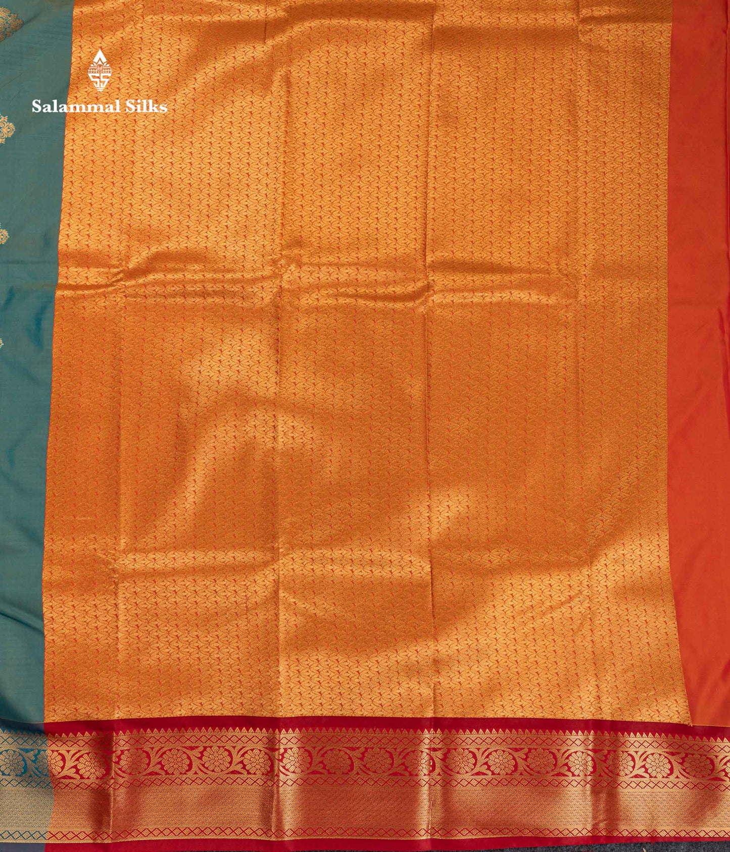 Beautiful Dual Tone Sapphire Green Zari Butta Semi Silk Saree With Contrast Orange Blouse