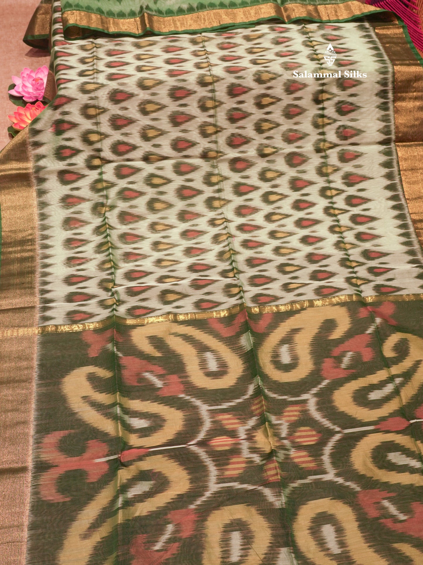 Premium Light Green Colour Pochampalli Cotton Saree With Gold Zari Border