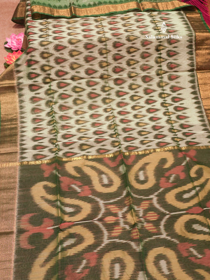 Premium Light Green Colour Pochampalli Cotton Saree With Gold Zari Border