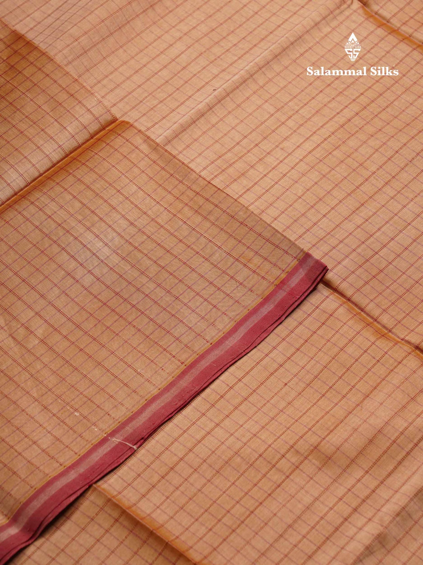 Beautiful Sandal Small Checks Pure Silk Cotton Saree With Contrast Maroon Blouse