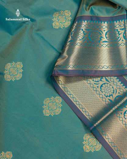 Beautiful Dual Tone Sapphire Green Zari Butta Semi Silk Saree With Contrast Orange Blouse