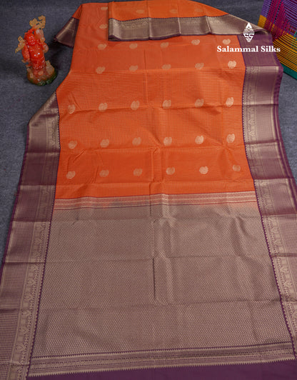 Beautiful Rust Orange Small Zari Small Checks Semi Silk Saree With Contrast Dark Brown Border