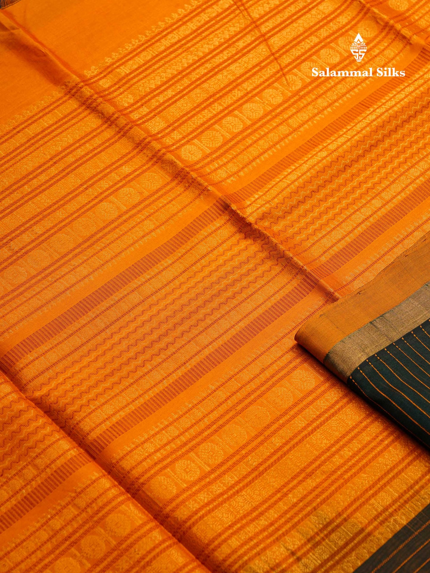 Beautiful Dark Bottle Green Thread Lines & Butta Pure Silk Cotton Saree With Contrast Mustard Yellow Blouse