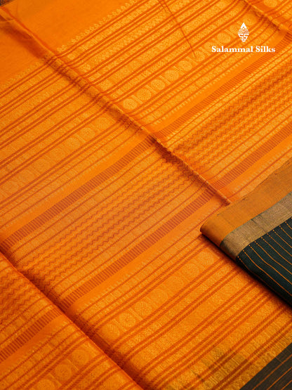Beautiful Dark Bottle Green Thread Lines & Butta Pure Silk Cotton Saree With Contrast Mustard Yellow Blouse