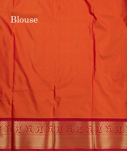 Beautiful Dual Tone Sapphire Green Zari Butta Semi Silk Saree With Contrast Orange Blouse