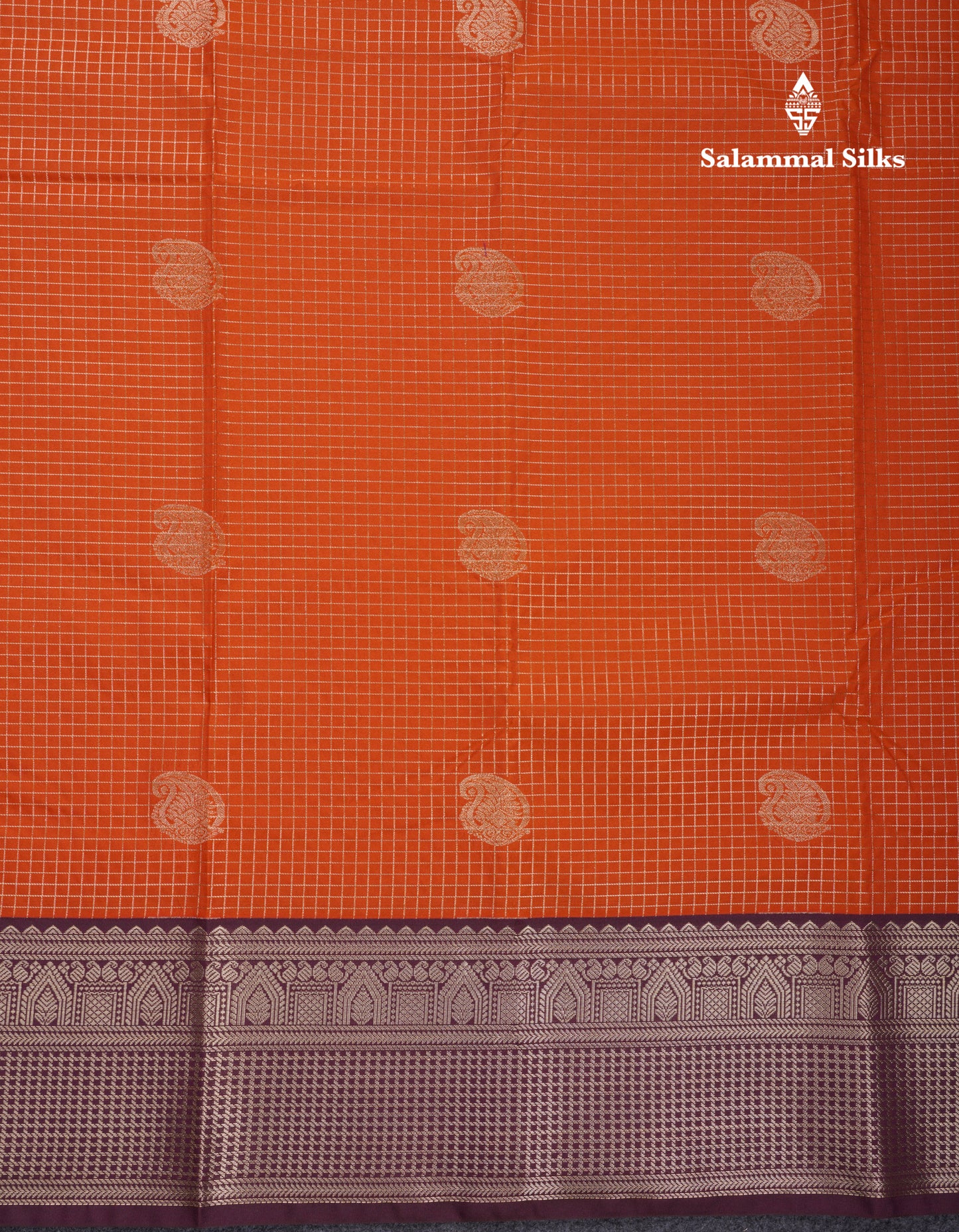 Beautiful Rust Orange Small Zari Small Checks Semi Silk Saree With Contrast Dark Brown Border