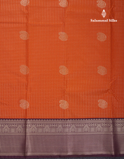 Beautiful Rust Orange Small Zari Small Checks Semi Silk Saree With Contrast Dark Brown Border