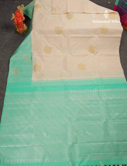 Beautiful Half White Silver & Gold Peacock Butta Pure Kanjivaram Silk Saree With Contrast Rexona Fancy One Side Border