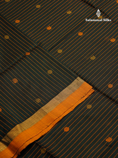 Beautiful Dark Bottle Green Thread Lines & Butta Pure Silk Cotton Saree With Contrast Mustard Yellow Blouse